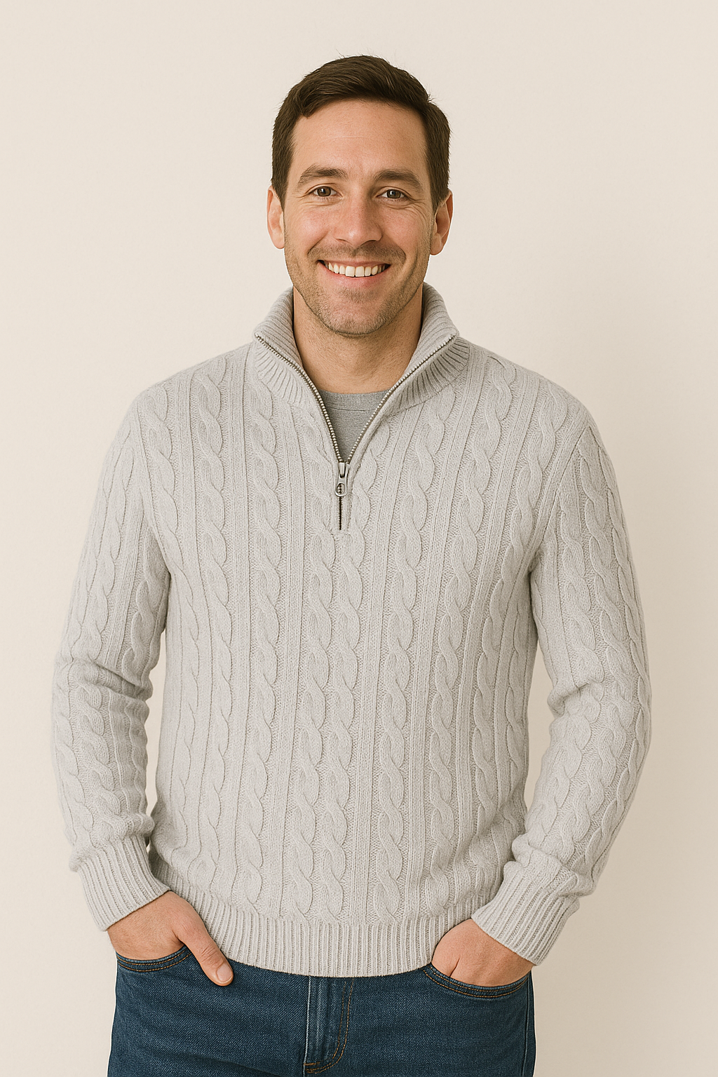 Pullover mit Viertelreißverschluss – Zopfmuster – Halbreißverschluss – Strickpullover – Herrenpullover mit Viertelreißverschluss-HauteBerlin
