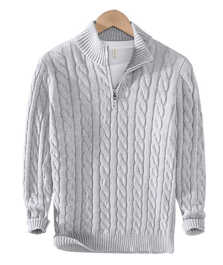 Pullover mit Viertelreißverschluss – Zopfmuster – Halbreißverschluss – Strickpullover – Herrenpullover mit Viertelreißverschluss-HauteBerlin