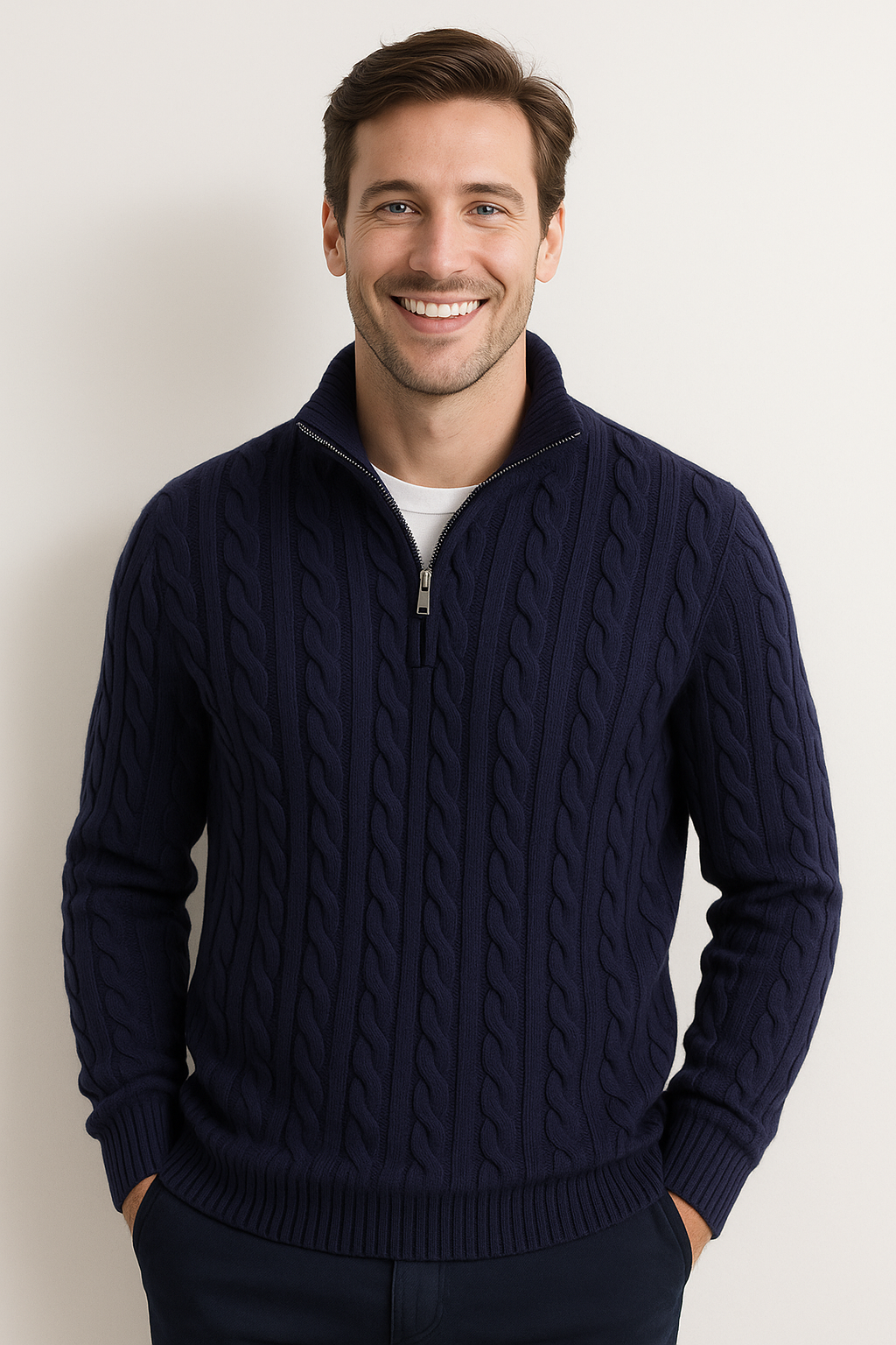Pullover mit Viertelreißverschluss – Zopfmuster – Halbreißverschluss – Strickpullover – Herrenpullover mit Viertelreißverschluss-HauteBerlin