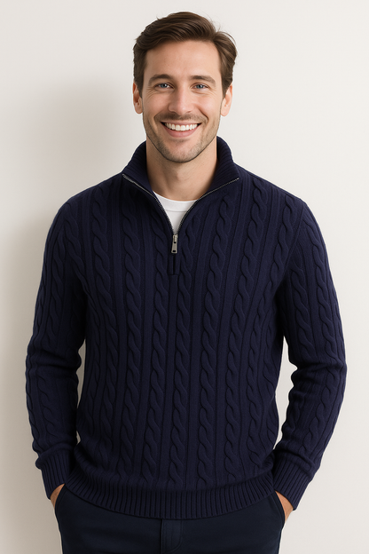Pullover mit Viertelreißverschluss – Zopfmuster – Halbreißverschluss – Strickpullover – Herrenpullover mit Viertelreißverschluss-HauteBerlin
