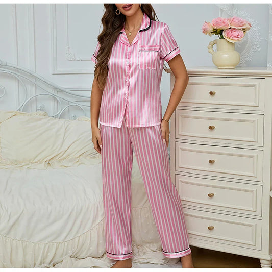 Satin-Pyjama | Gestreift | Kurzarm | Pyjama-Set | Nachtwäsche für Frauen