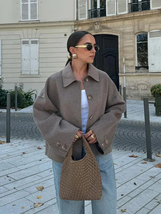 Oversize-Jacke – Taupe – Wollmischung – Kurzer Trenchcoat – Damenjacke