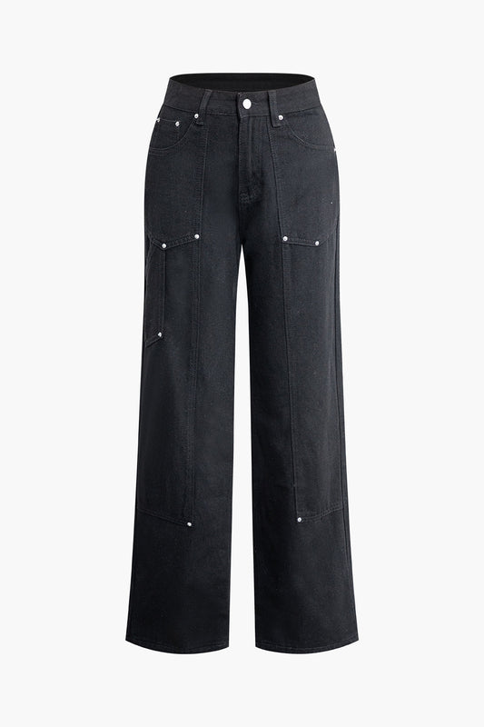 Schwarze Jeans – Hohe Taille – Nietenverzierung – Weite Hosenbeine – Weite Damenjeans-HauteBerlin