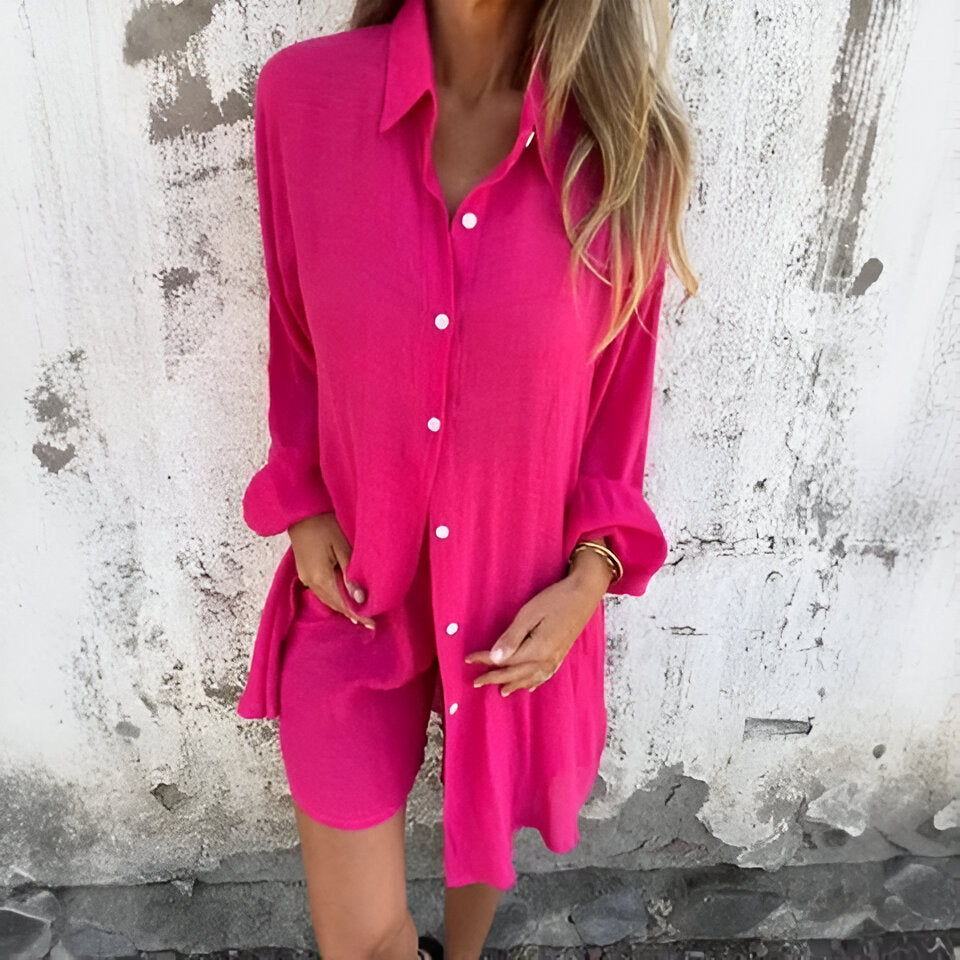 Set – Oversize – Knopfleiste – Set aus Bluse und Shorts – Sommer-Set für Damen-HauteBerlin