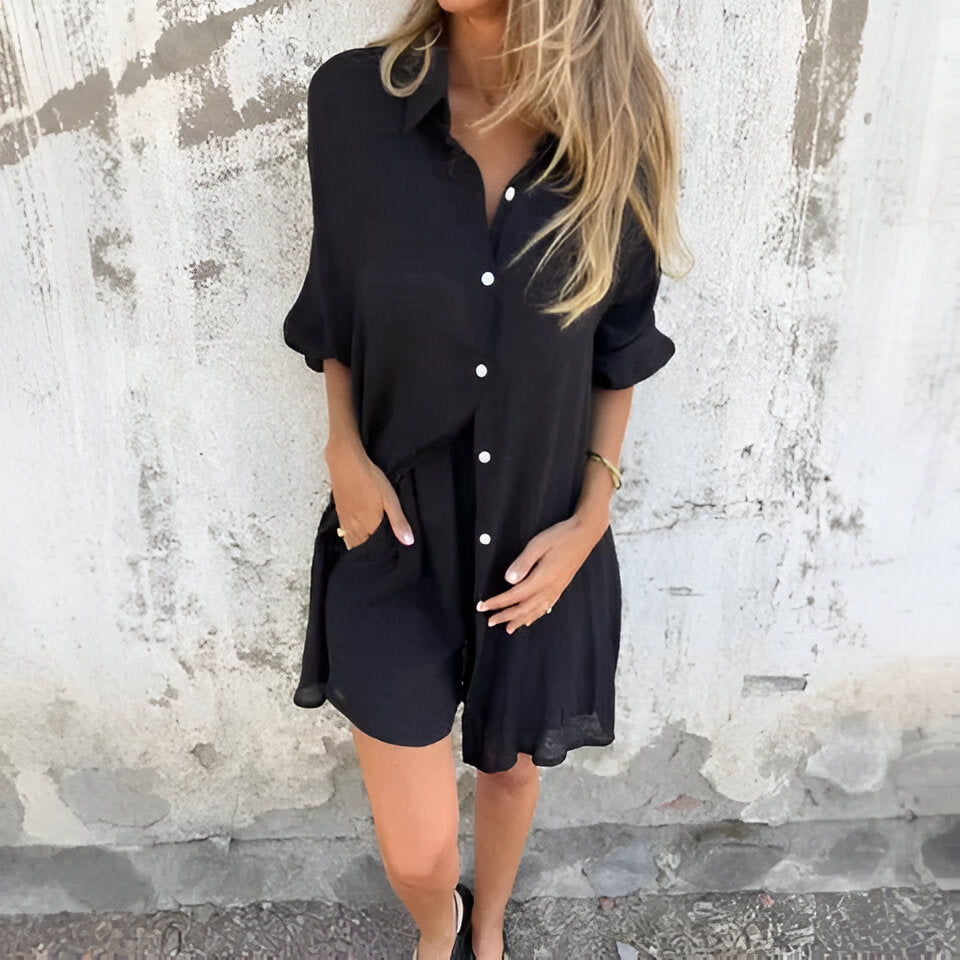Set – Oversize – Knopfleiste – Set aus Bluse und Shorts – Sommer-Set für Damen-HauteBerlin