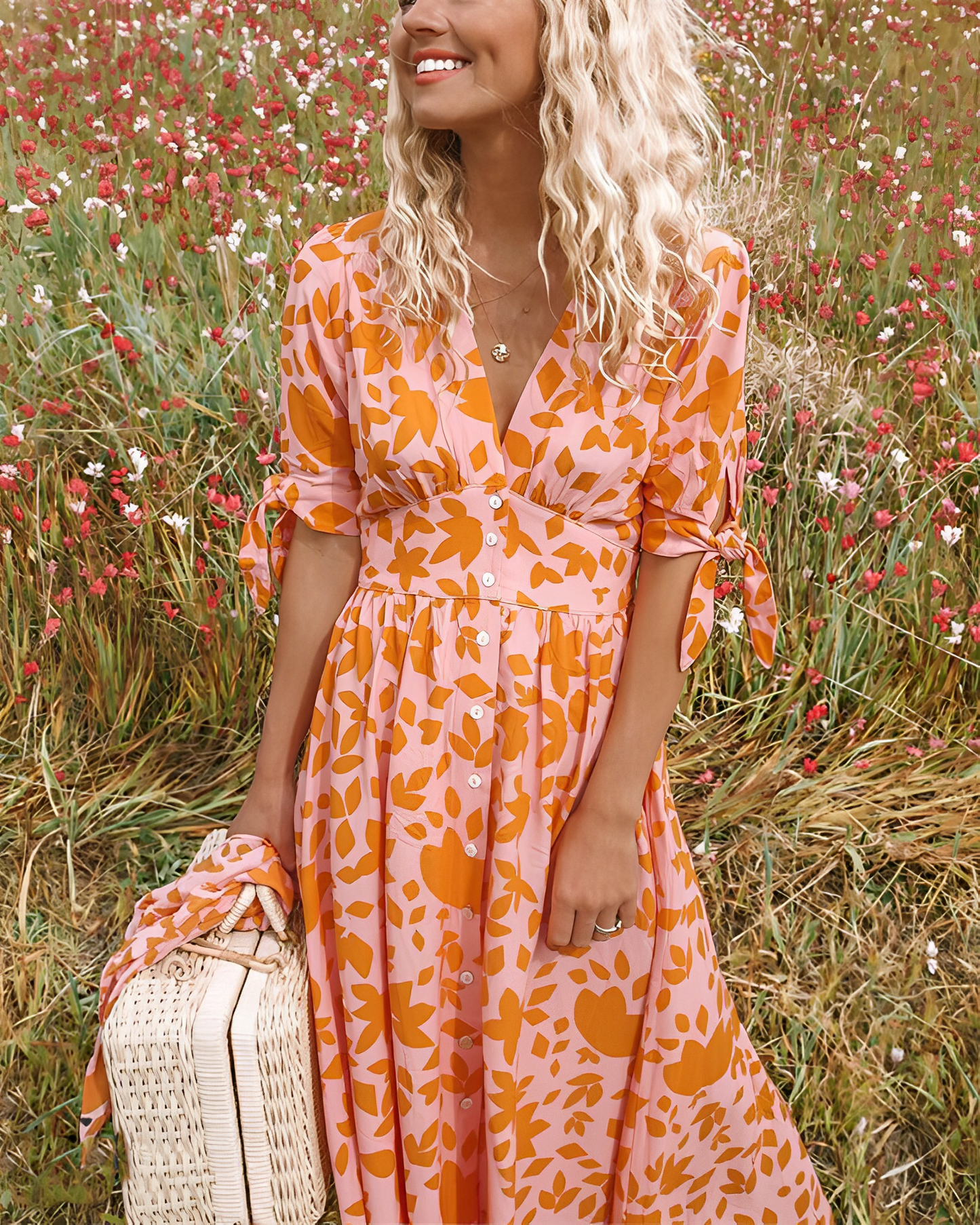 Sommerkleid | Orange | Kurzarm | Knopfkleid | Midi-Kleid-HauteBerlin