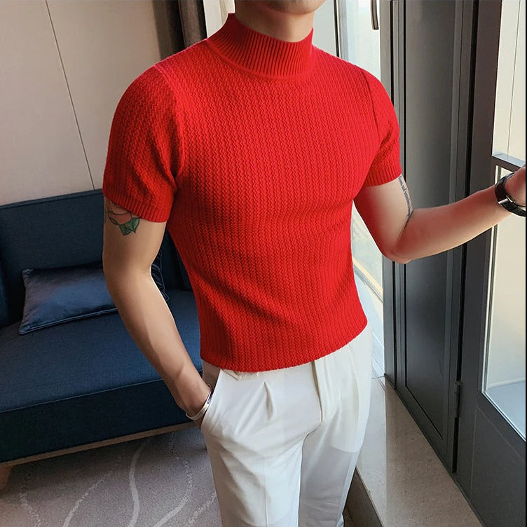 Strick-T-Shirt | Hoher Kragen | Kurzarm | Rollkragen-T-Shirt | Herrenbekleidung-HauteBerlin