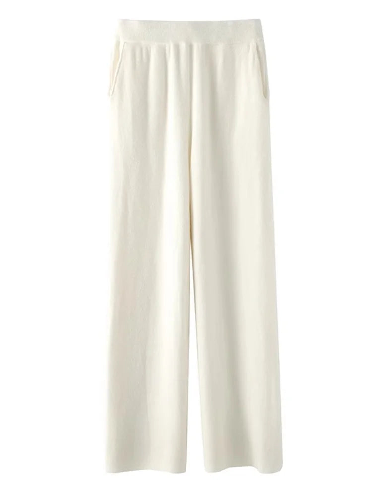 Strickhose - Casual - Elastische Taille - Weite Hosenbeine - Damen-Lounge-Hose-HauteBerlin