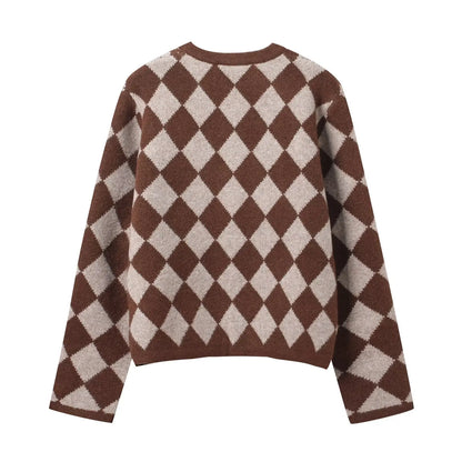 Strickjacke – Rautenmuster – Karomuster – Knopfleiste – Damenstrickjacke-HauteBerlin