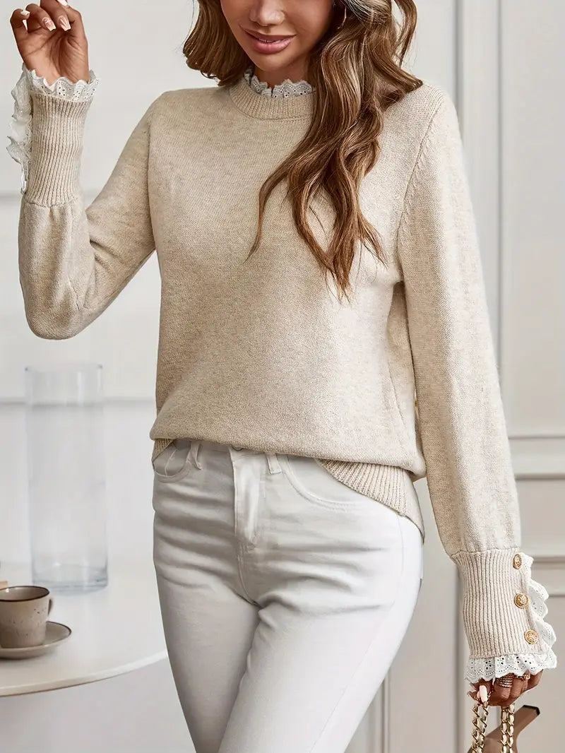 Strickpullover – Spitzenverzierungen – Beige – Pullover – Damenstrickmode-HauteBerlin