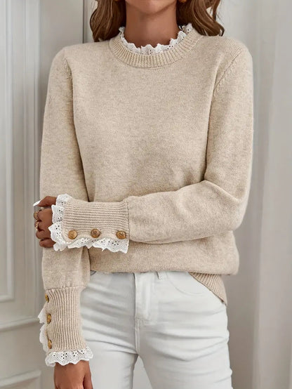 Strickpullover – Spitzenverzierungen – Beige – Pullover – Damenstrickmode-HauteBerlin