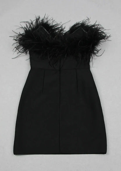 Trägerloses Kleid - Feder - Bodycon - Schwarzes Minikleid - Partykleid-HauteBerlin