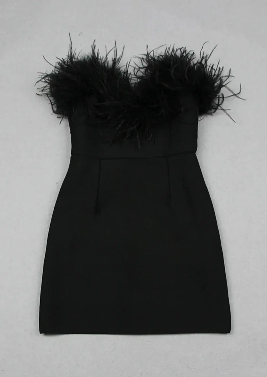 Trägerloses Kleid - Feder - Bodycon - Schwarzes Minikleid - Partykleid-HauteBerlin