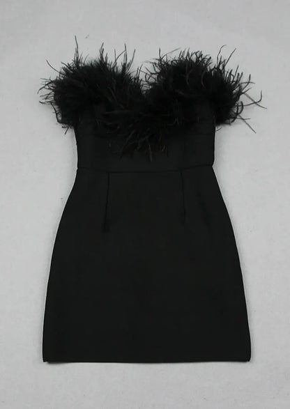 Trägerloses Kleid - Feder - Bodycon - Schwarzes Minikleid - Partykleid-HauteBerlin