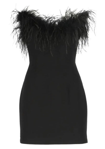 Trägerloses Kleid - Feder - Bodycon - Schwarzes Minikleid - Partykleid-HauteBerlin