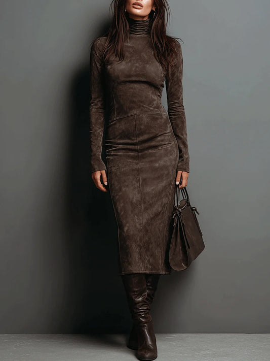 Wildlederkleid – Figurbetont – Langarm – Midi-Kleid – Rollkragenkleid-HauteBerlin