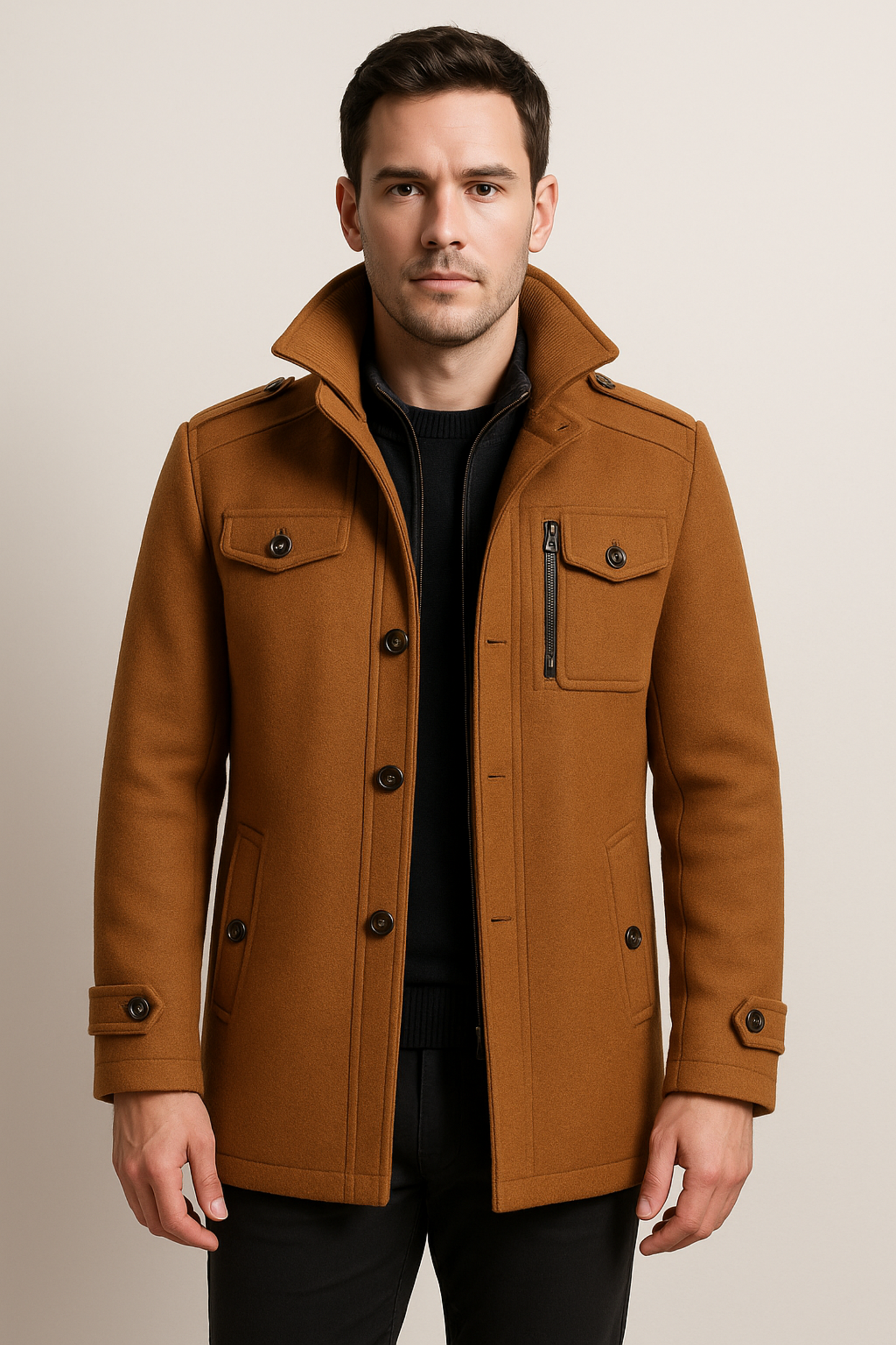 Winterjacke – Herrenjacke aus Wolle mit Reißverschluss und einreihiger Knopfleiste-HauteBerlin