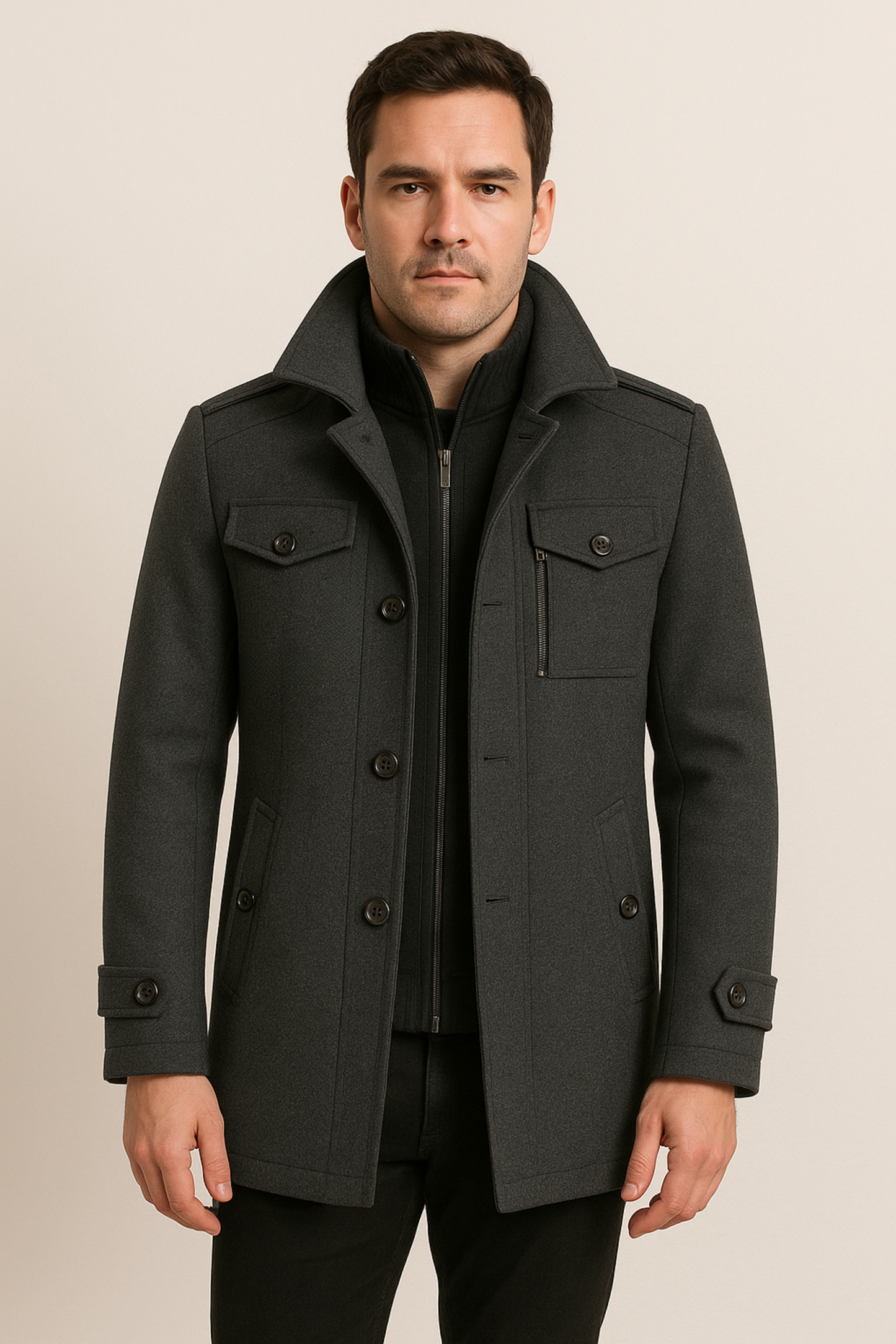 Winterjacke – Herrenjacke aus Wolle mit Reißverschluss und einreihiger Knopfleiste-HauteBerlin