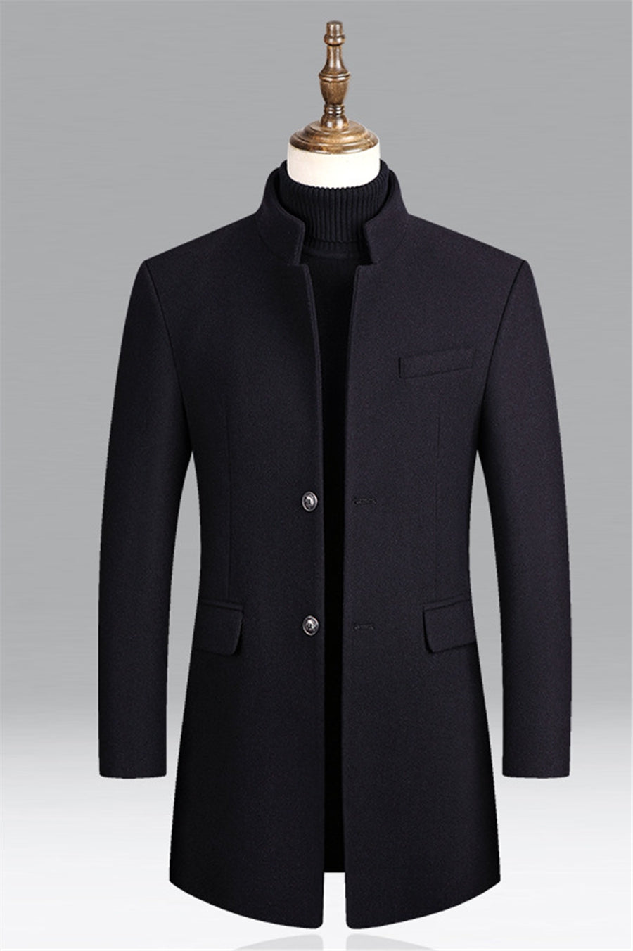 Wollmantel - Einfacher Schnitt - Hoher Kragen - Winterjacke - Herrenmantel-Marineblau-M-HauteBerlin