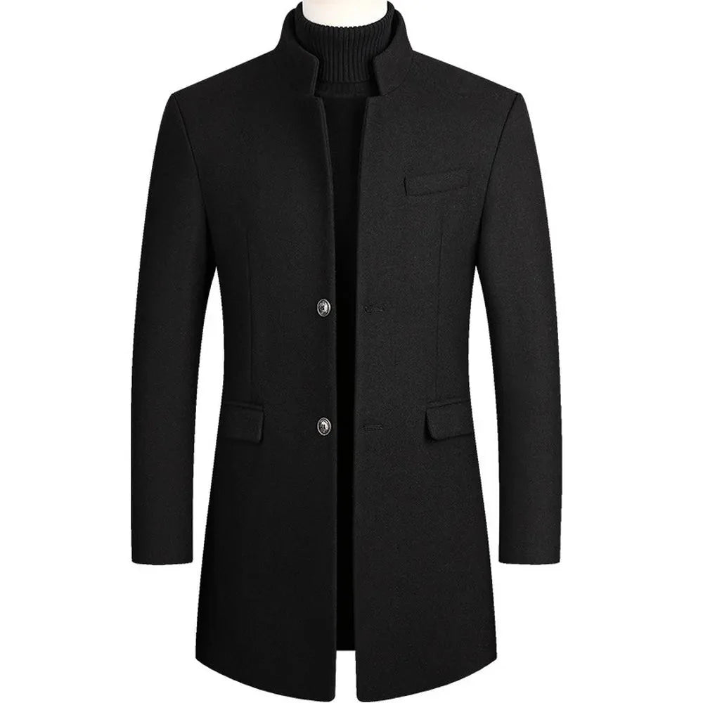Wollmantel - Einfacher Schnitt - Hoher Kragen - Winterjacke - Herrenmantel-Schwarz-M-HauteBerlin