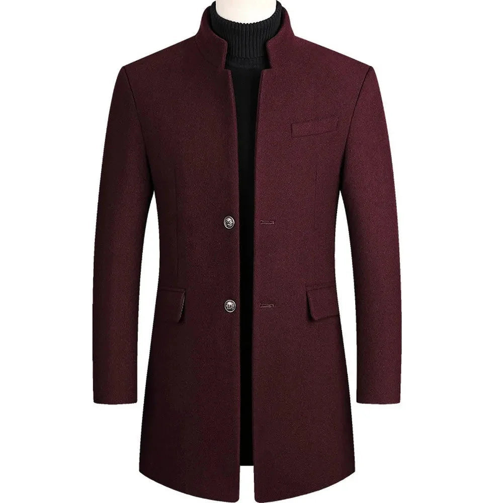 Wollmantel - Einfacher Schnitt - Hoher Kragen - Winterjacke - Herrenmantel-Weinrot-M-HauteBerlin