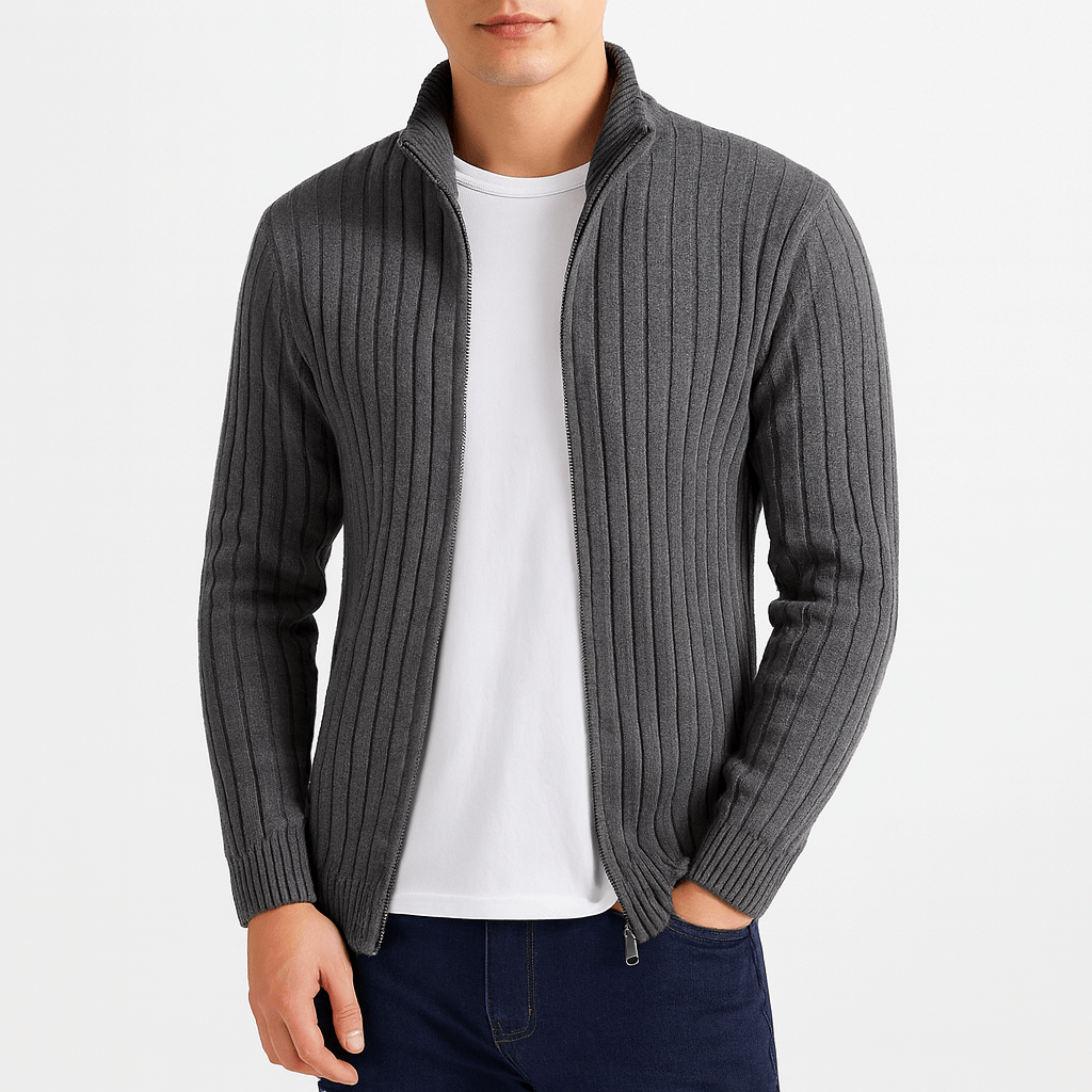 Zip-Up Cardigan – Gerippt – Durchgehender Reißverschluss – Gestrickte Strickjacke – Herren-Strickjacke-HauteBerlin