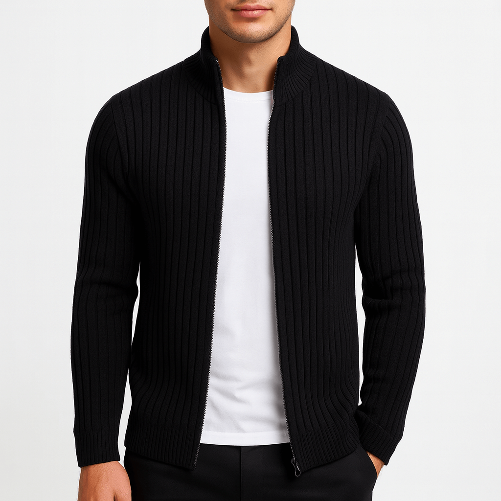 Zip-Up Cardigan – Gerippt – Durchgehender Reißverschluss – Gestrickte Strickjacke – Herren-Strickjacke-HauteBerlin