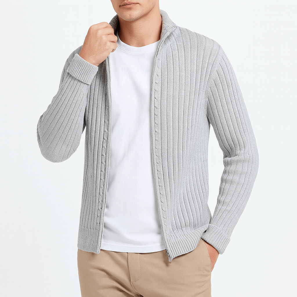 Zip-Up Cardigan – Gerippt – Durchgehender Reißverschluss – Gestrickte Strickjacke – Herren-Strickjacke-HauteBerlin