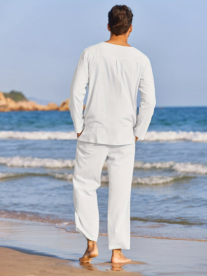 Zweiteiliges Leinenset - Casual - Langarm - Leinen Co Ord - Herren Sommerkleidung-HauteBerlin