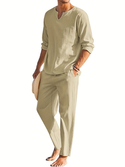 Zweiteiliges Leinenset - Casual - Langarm - Leinen Co Ord - Herren Sommerkleidung-HauteBerlin