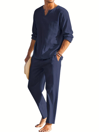Zweiteiliges Leinenset - Casual - Langarm - Leinen Co Ord - Herren Sommerkleidung-HauteBerlin