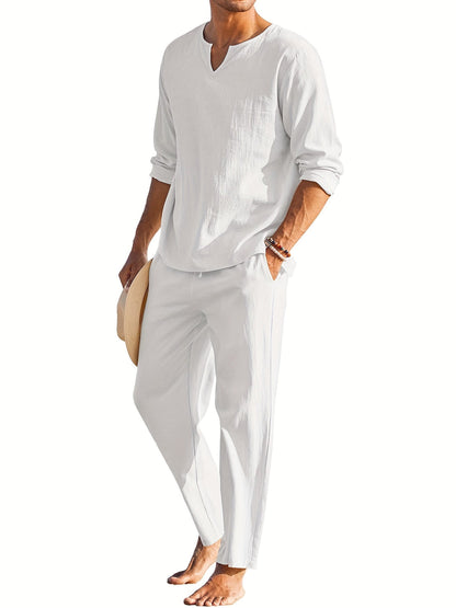 Zweiteiliges Leinenset - Casual - Langarm - Leinen Co Ord - Herren Sommerkleidung-HauteBerlin