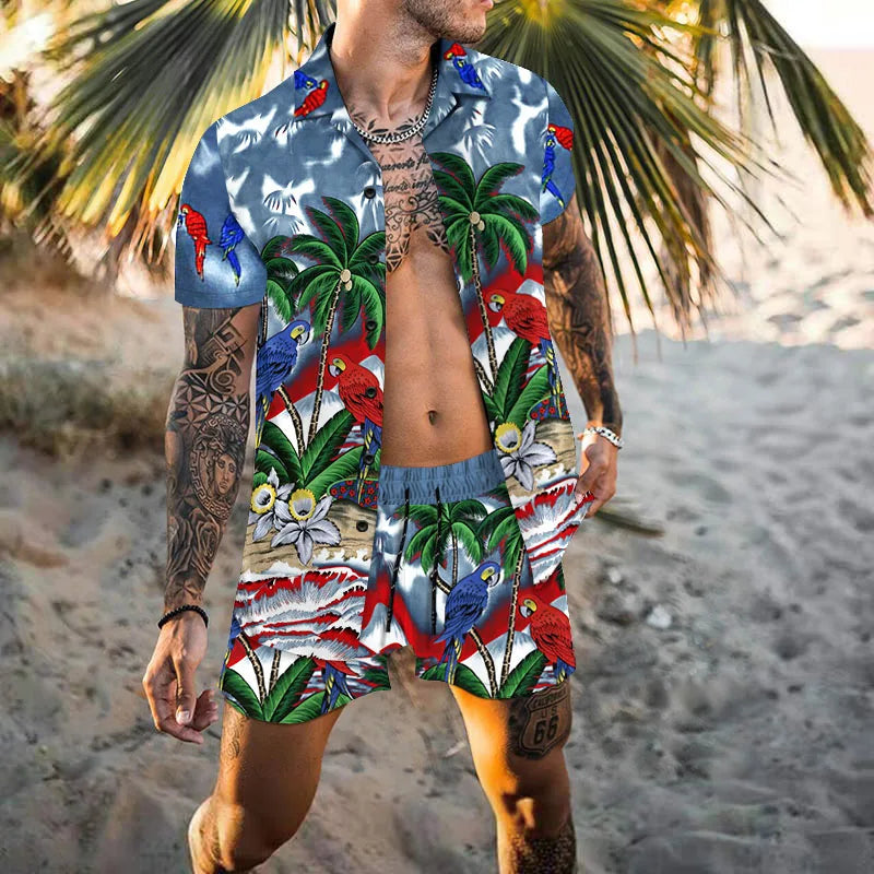 Zweiteiliges Set - Herren Kurzarm-Hawaiihemd Sommer Shorts Set-HauteBerlin