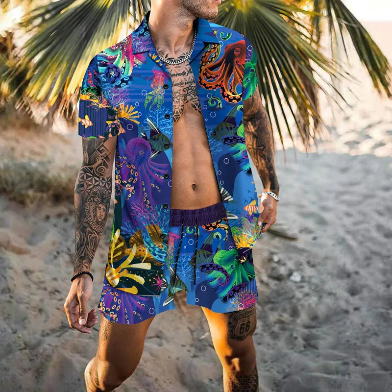 Zweiteiliges Set - Herren Kurzarm-Hawaiihemd Sommer Shorts Set-HauteBerlin