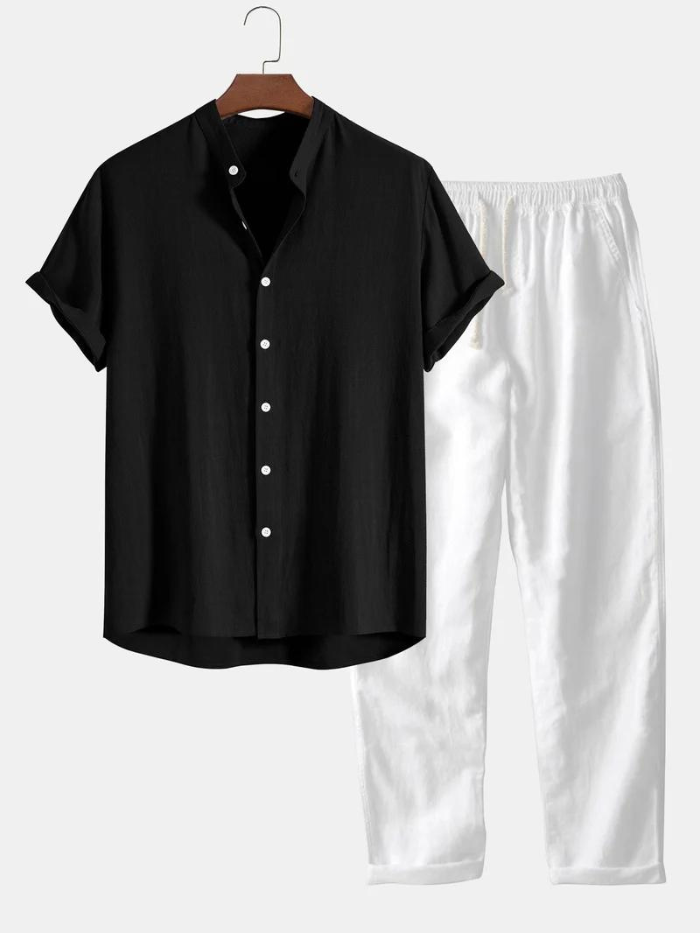 Zweiteiliges Set | Kurze Ärmel | Geknöpft | Leinenkleidung | Leinenhosen für Männer-Schwarz-S-HauteBerlin