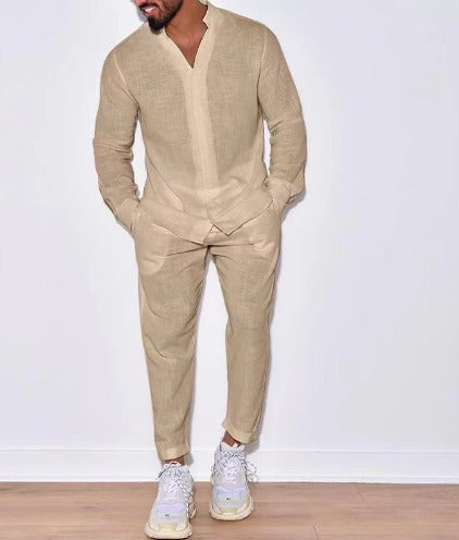 Zweiteiliges Set - Leinenbekleidung mit langen Ärmeln und Knopfleiste für Herren-Leyna Moda