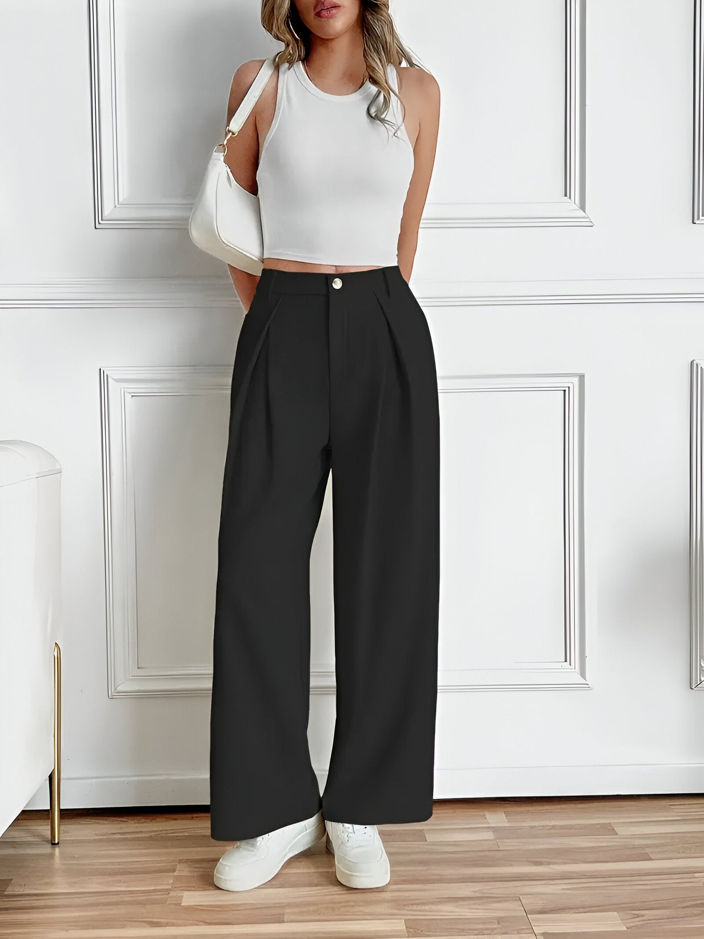 Velmira – Damen Elegante Hose mit Geradem Bein, Faltenwurf & Seitentaschen-Schwarz-XS-HauteBerlin