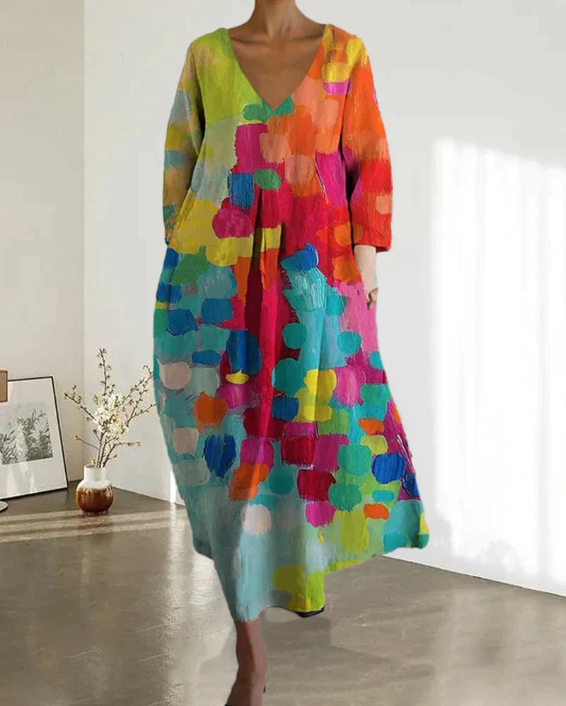Anastasia - Bunt bedrucktes Kleid mit V-Ausschnitt-Mehrfarbig-S-HauteBerlin