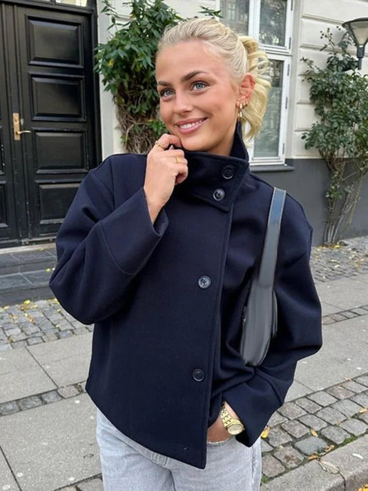 Erbsenmantel - Kurze, locker geschnittene Damenjacke mit Stehkragen