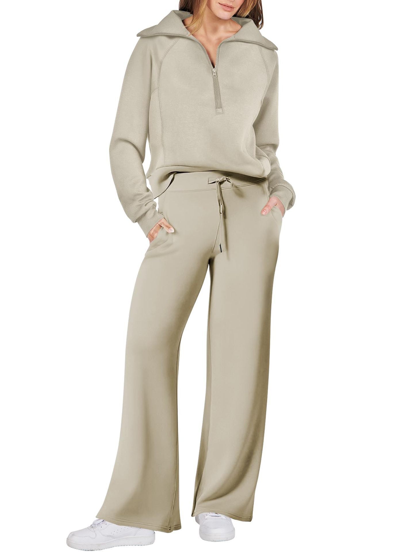 Loungewear Set - Halber Reißverschluss - Weites Bein - Sweatshirt und Jogger Set - Damen Lounge Set