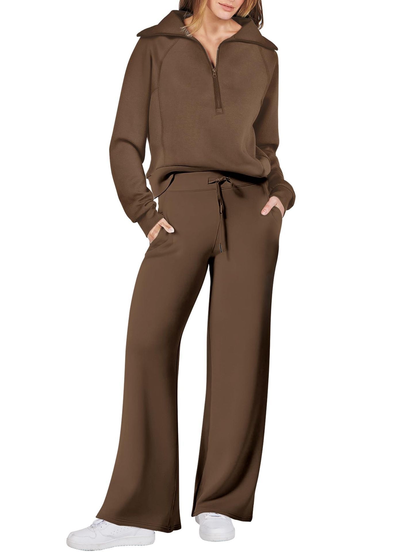 Loungewear Set - Halber Reißverschluss - Weites Bein - Sweatshirt und Jogger Set - Damen Lounge Set