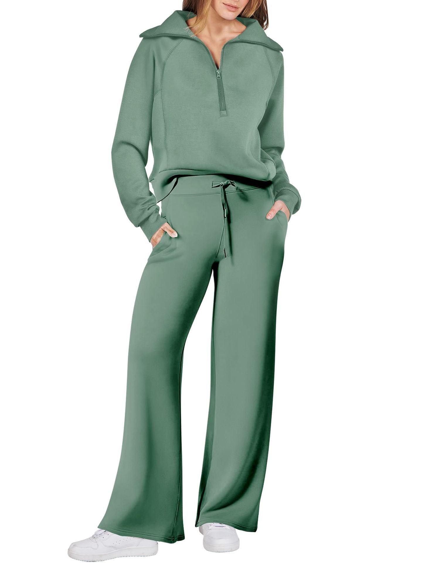 Loungewear Set - Halber Reißverschluss - Weites Bein - Sweatshirt und Jogger Set - Damen Lounge Set
