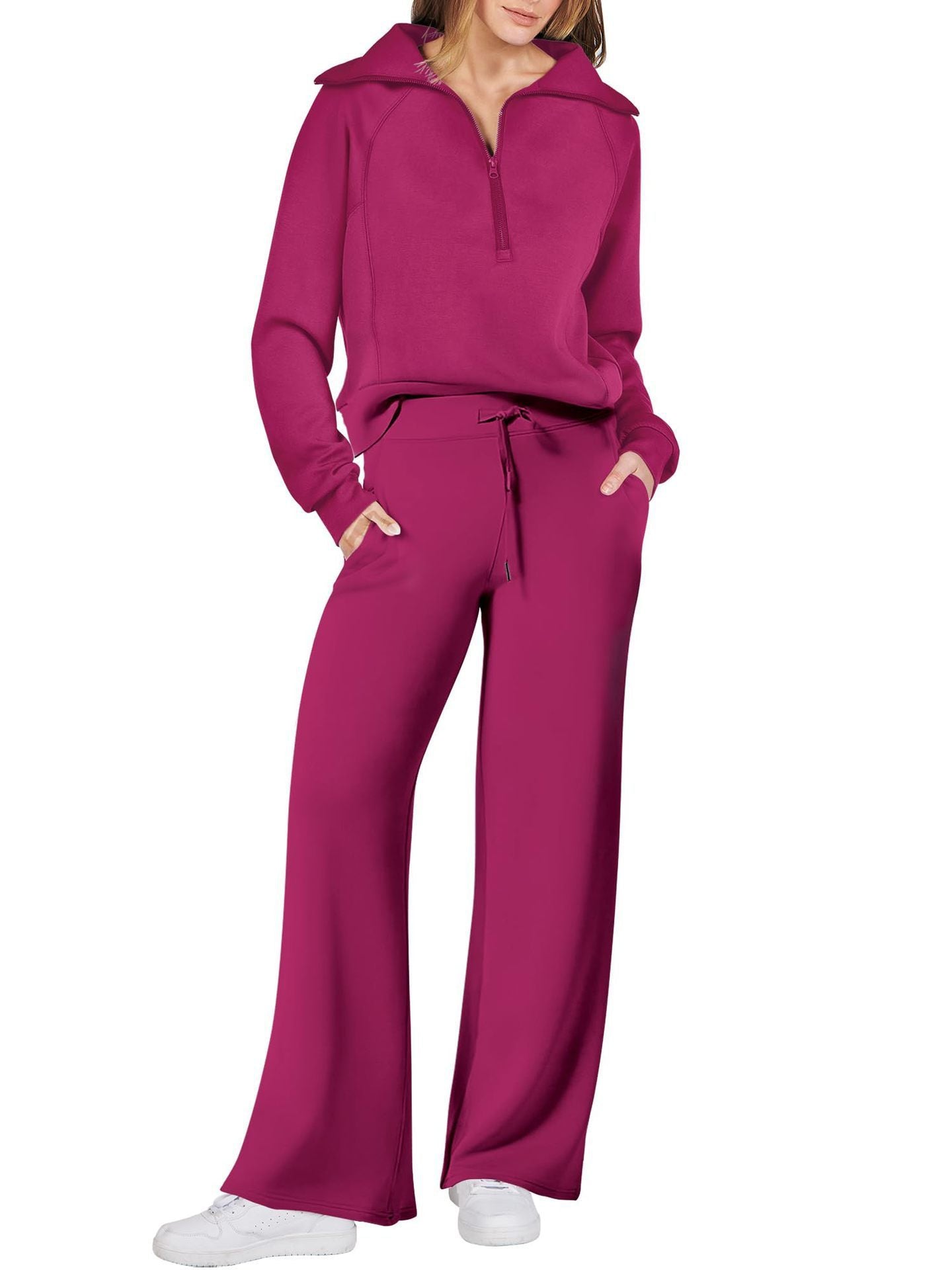 Loungewear Set - Halber Reißverschluss - Weites Bein - Sweatshirt und Jogger Set - Damen Lounge Set