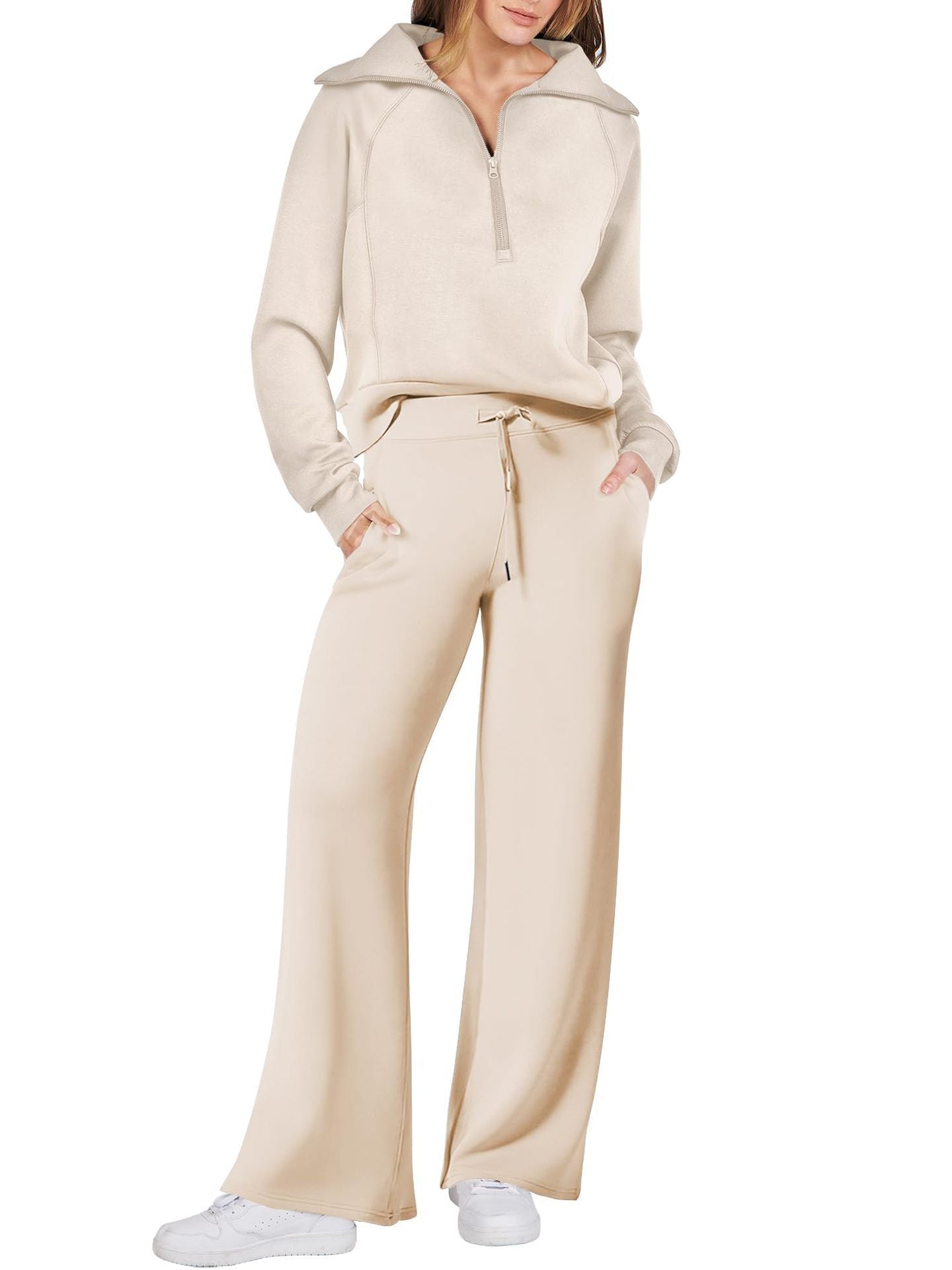 Loungewear Set - Halber Reißverschluss - Weites Bein - Sweatshirt und Jogger Set - Damen Lounge Set