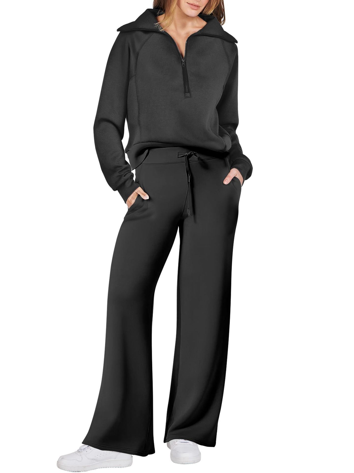 Loungewear Set - Halber Reißverschluss - Weites Bein - Sweatshirt und Jogger Set - Damen Lounge Set