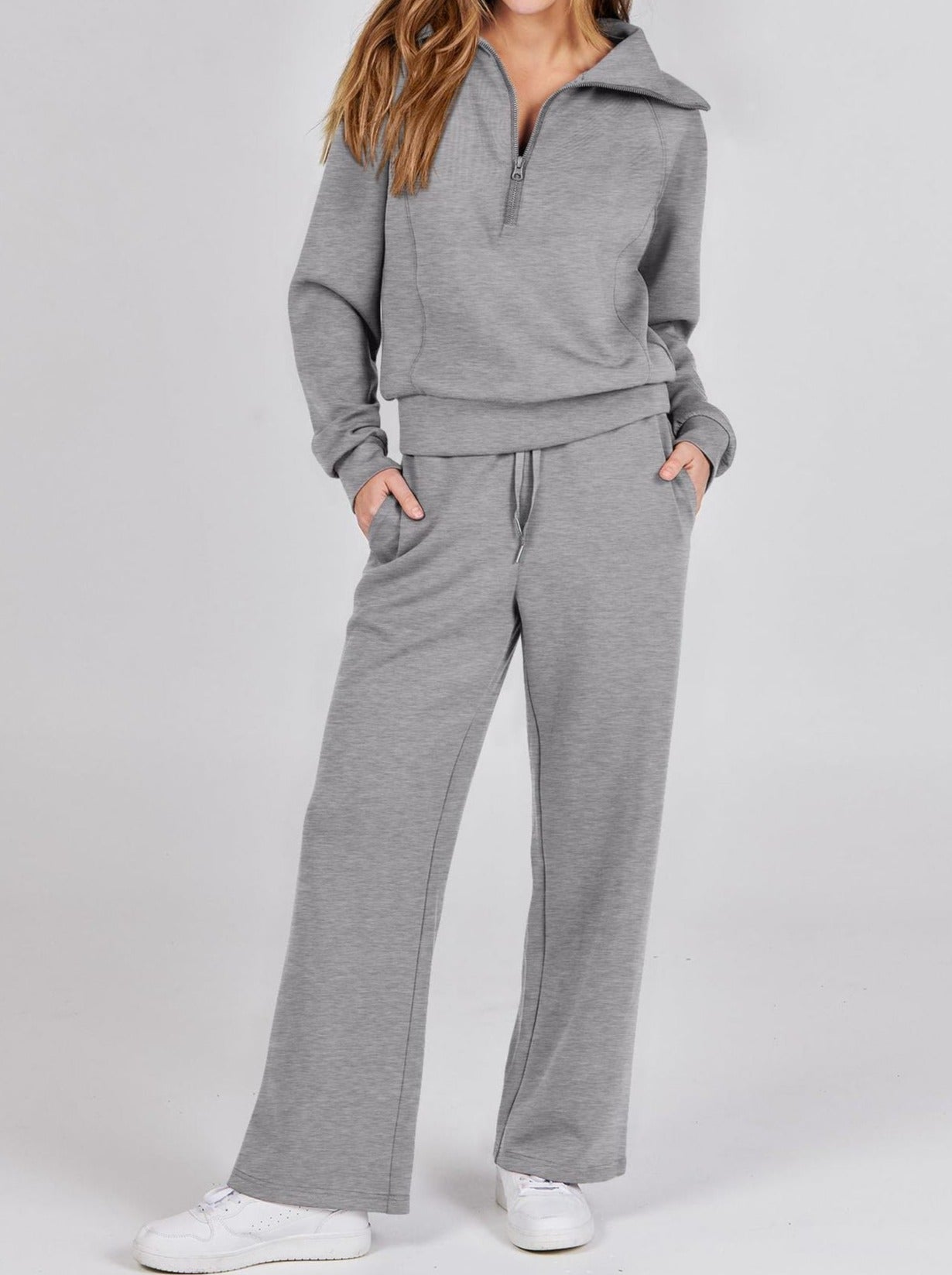 Loungewear Set - Halber Reißverschluss - Weites Bein - Sweatshirt und Jogger Set - Damen Lounge Set