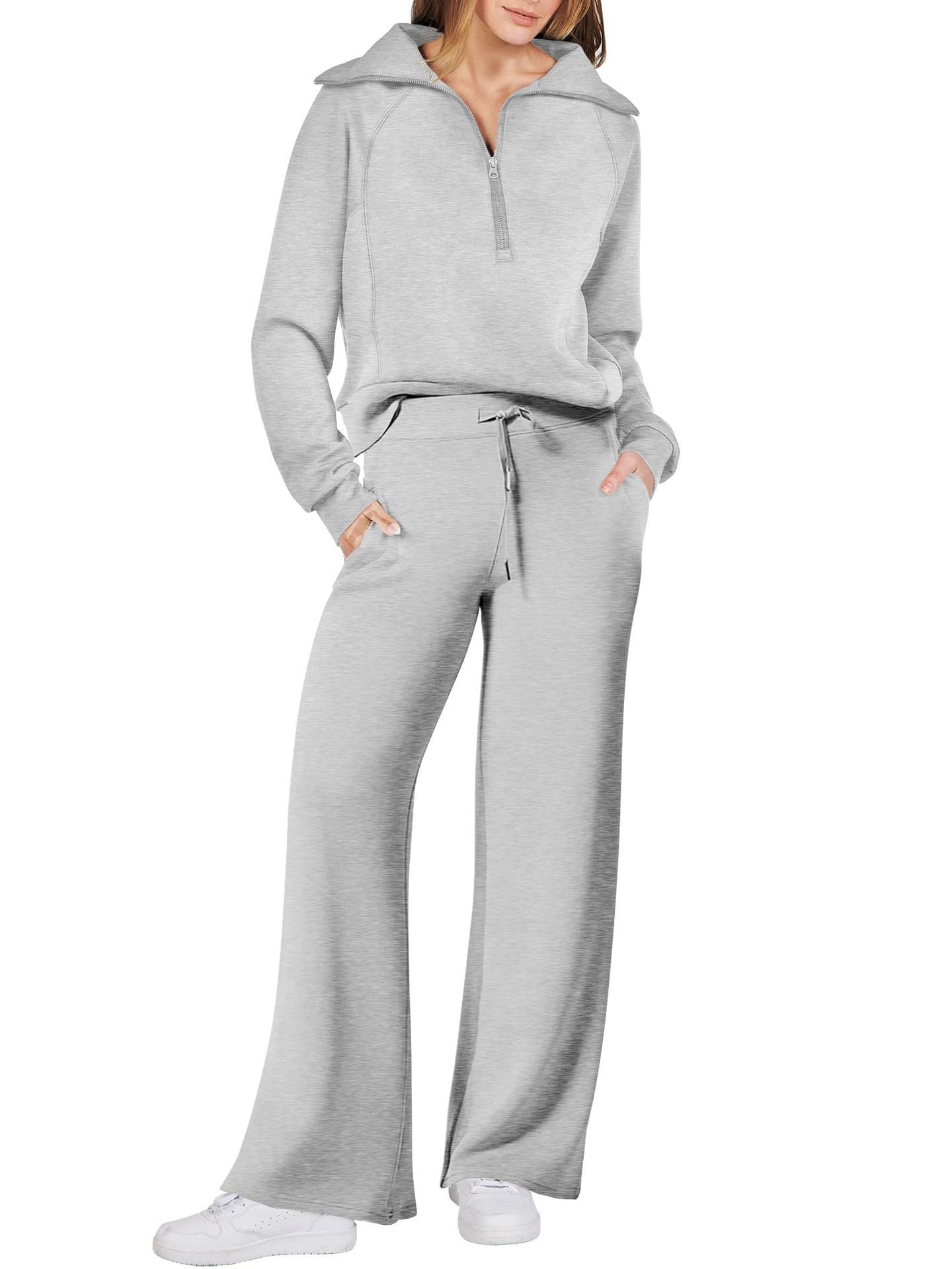 Loungewear Set - Halber Reißverschluss - Weites Bein - Sweatshirt und Jogger Set - Damen Lounge Set