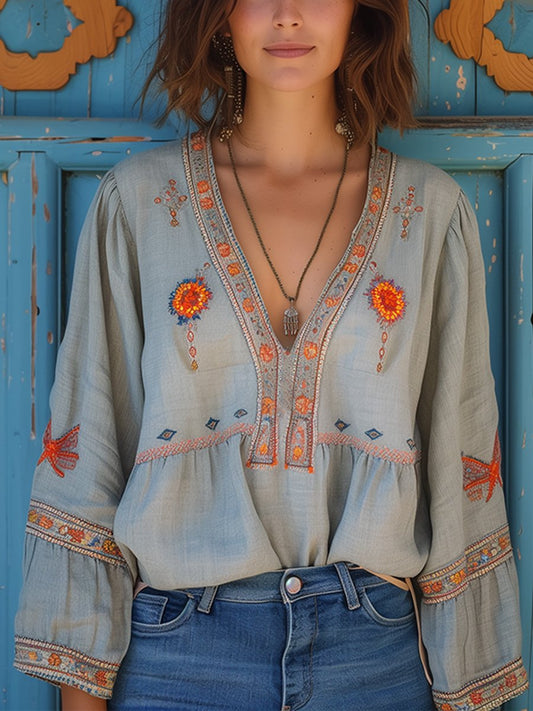 Boho Bluse | Loose Fit | Bestickt | Langarm Bluse | Damen Sommerbluse