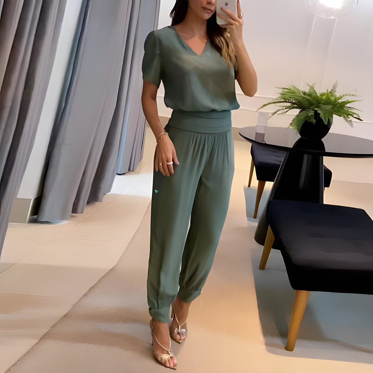 Bellavie – Damen Zweiteiler Set mit Bluse & Hose aus Leichtem Stoff für Alltag & Anlass-Olive-S-HauteBerlin