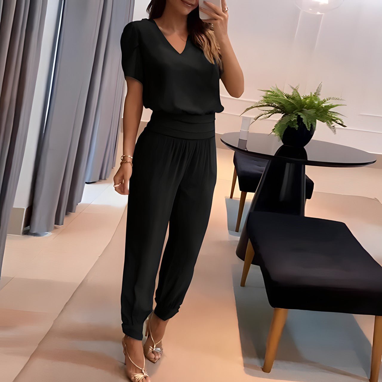 Bellavie – Damen Zweiteiler Set mit Bluse & Hose aus Leichtem Stoff für Alltag & Anlass-Schwarz-S-HauteBerlin